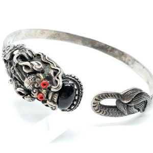 Vintage Sterling Silver Dragon glass cuff bracelet